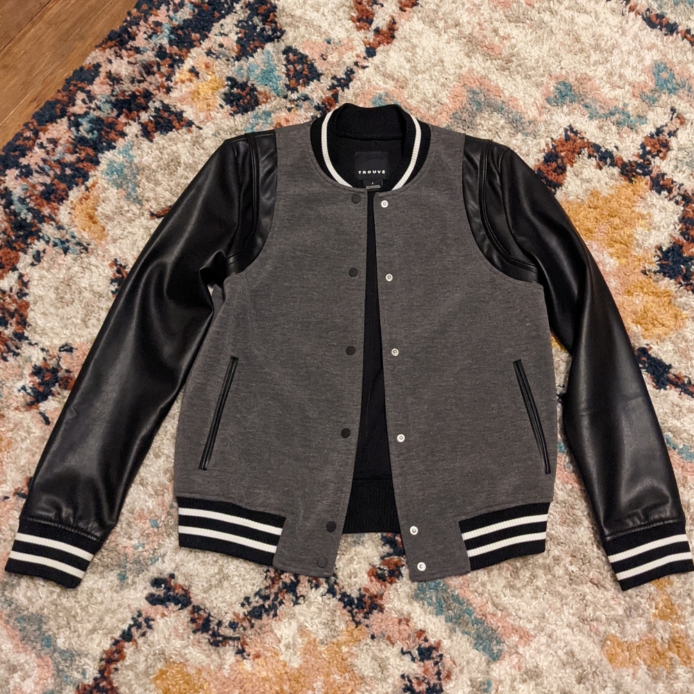 Trouve Bomber Jacket with Faux Leather Sleeves